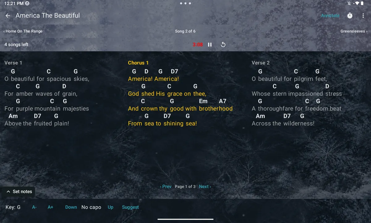 A chord chart on an Android tablet with a set timer and key and capo controls