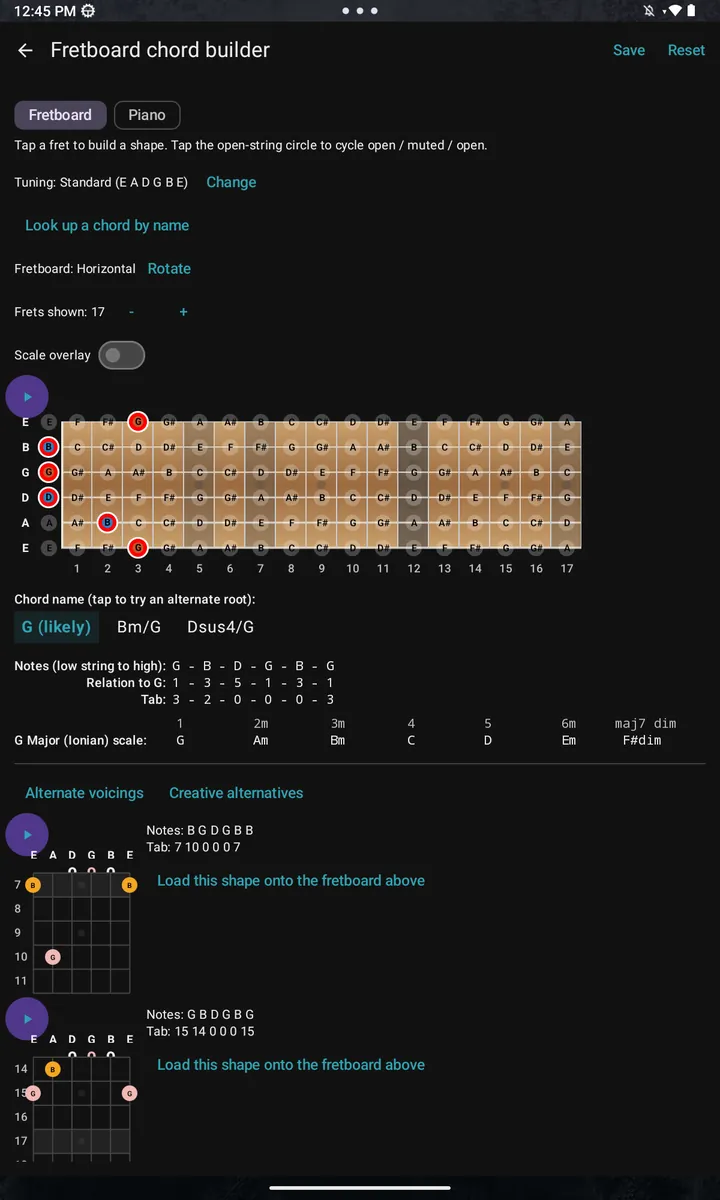 The Fretboard Chord Builder showing a chord on a guitar neck