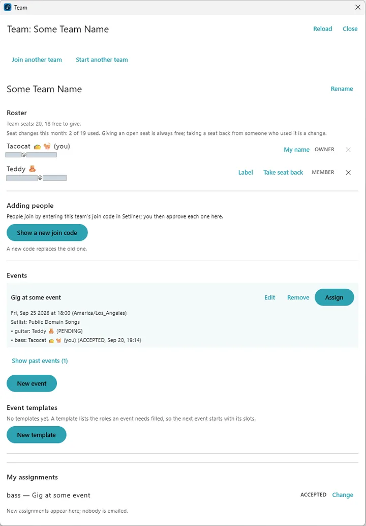 The Team window on Windows in a light theme: a roster with two members, an upcoming event with its roles, and the player’s own assignments